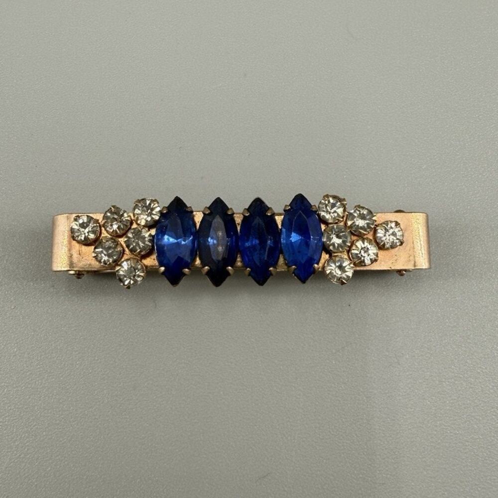 Vintage Natalie Blue Marquise Rhinestone Bar Brooch Gold Tone Signed Art Deco